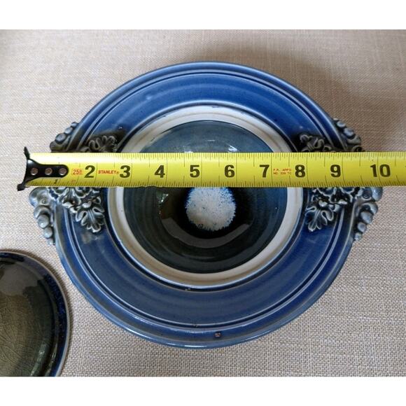 Studio Art Pottery Lidded Dish Bowl Stoneware Blue Glaze Floral Handles Signed - Picture 8 of 9